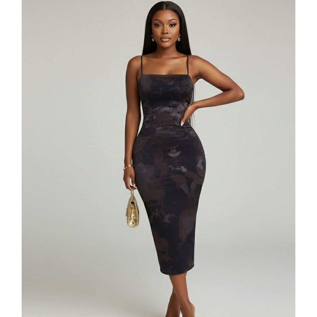 Floral Printed Bodycon Midi Dress with Spaghetti Straps