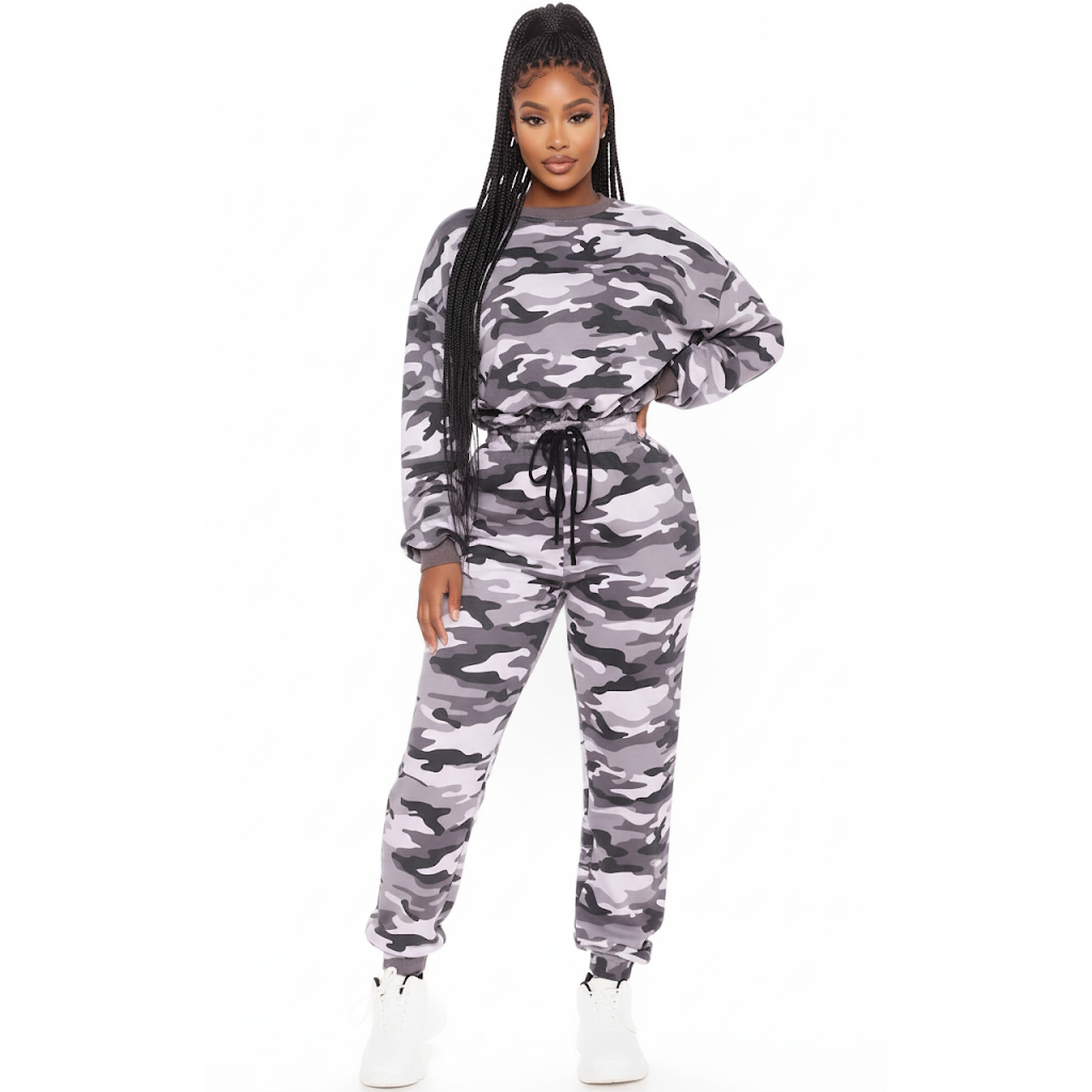 Camouflage Long Sleeve Jumpsuit With Elastic Waist And Insert Pockets