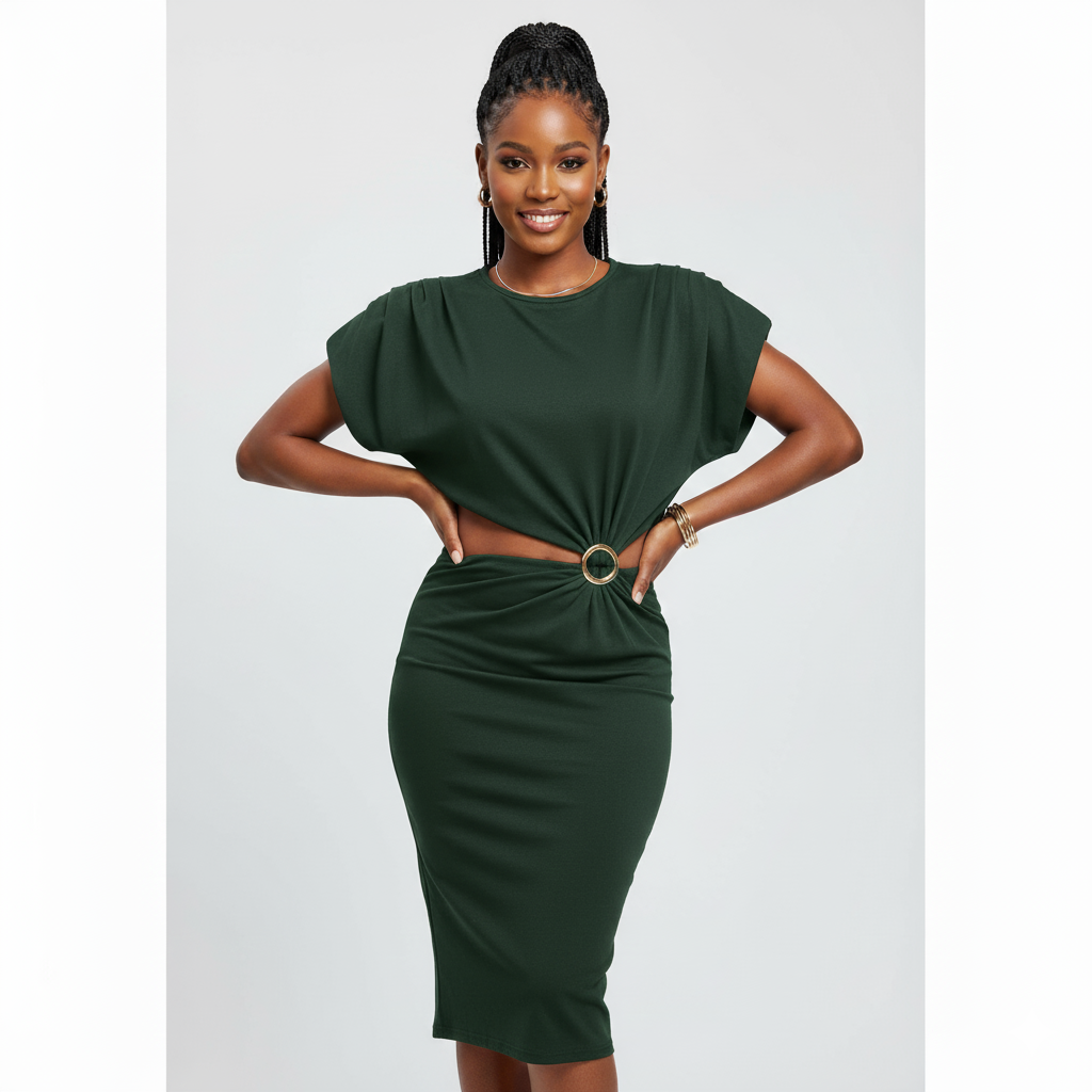 Shoulder Padded Sleeveless Dress.