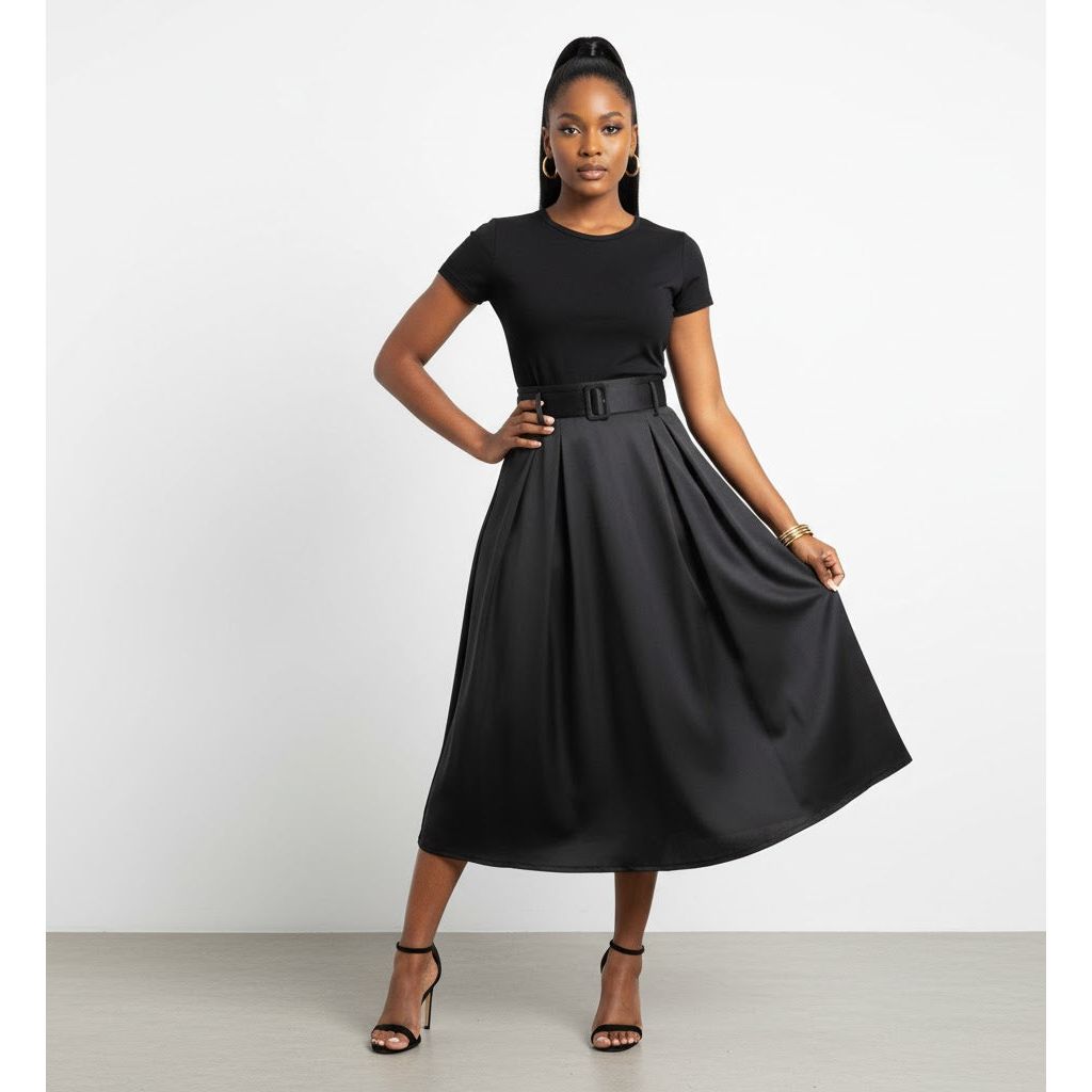 High Waisted Satin Belted Umbrella Skirt