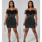 Black Feather Strapless Mini Dress with Rhinestone Detail