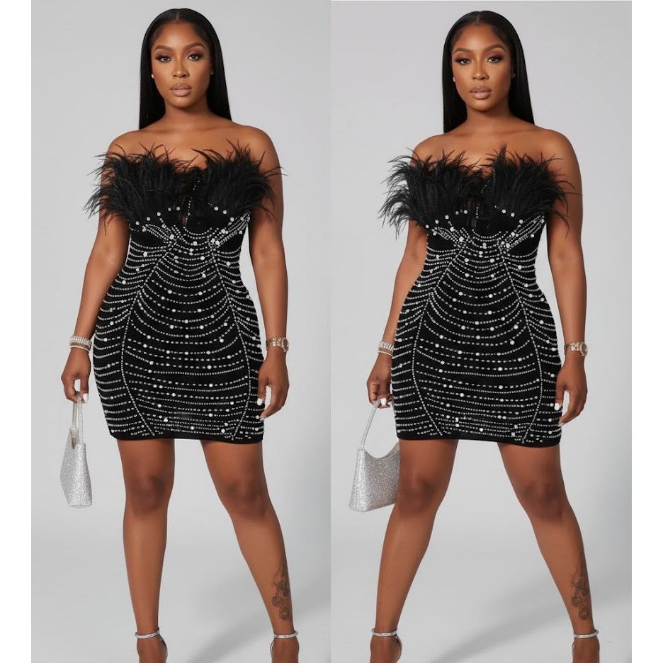 Black Feather Strapless Mini Dress with Rhinestone Detail