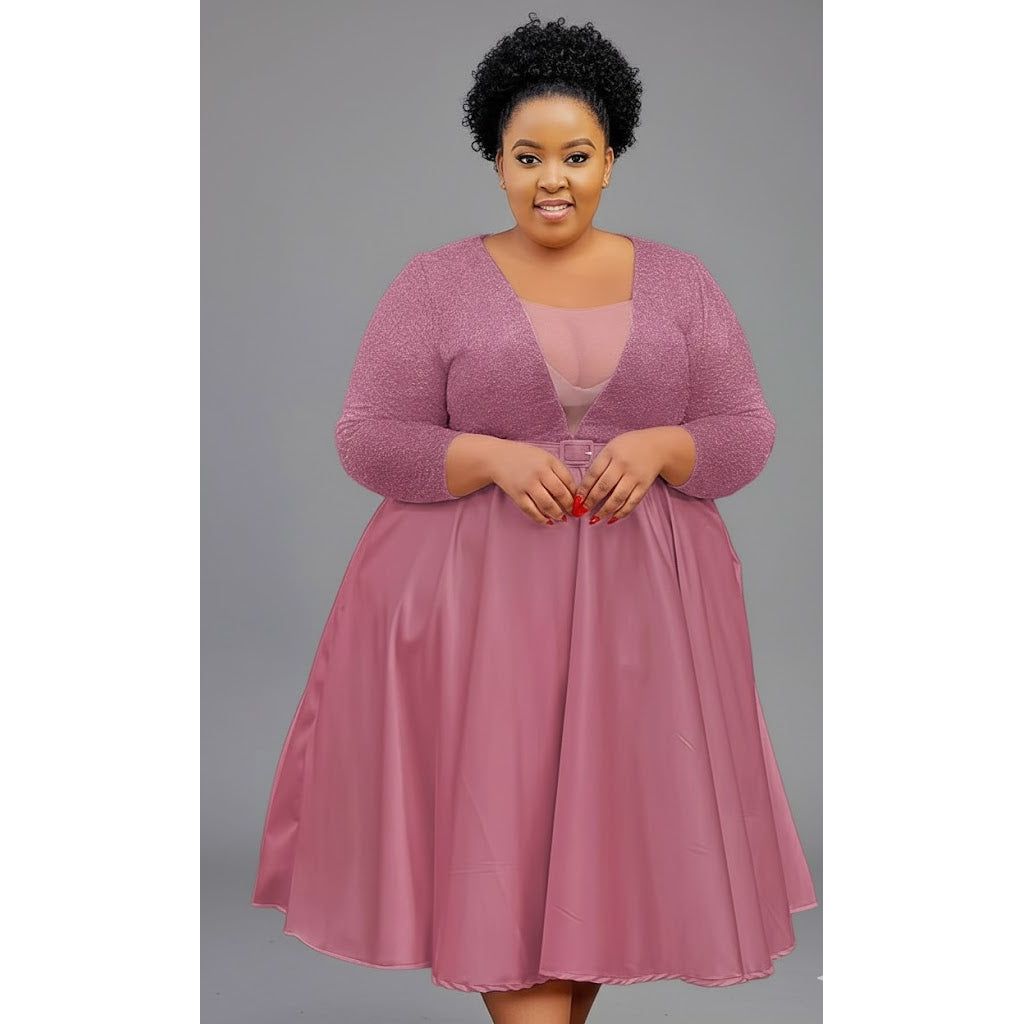 Plus Size Belted Fit and Flare Midi Dress with Long Sleeves