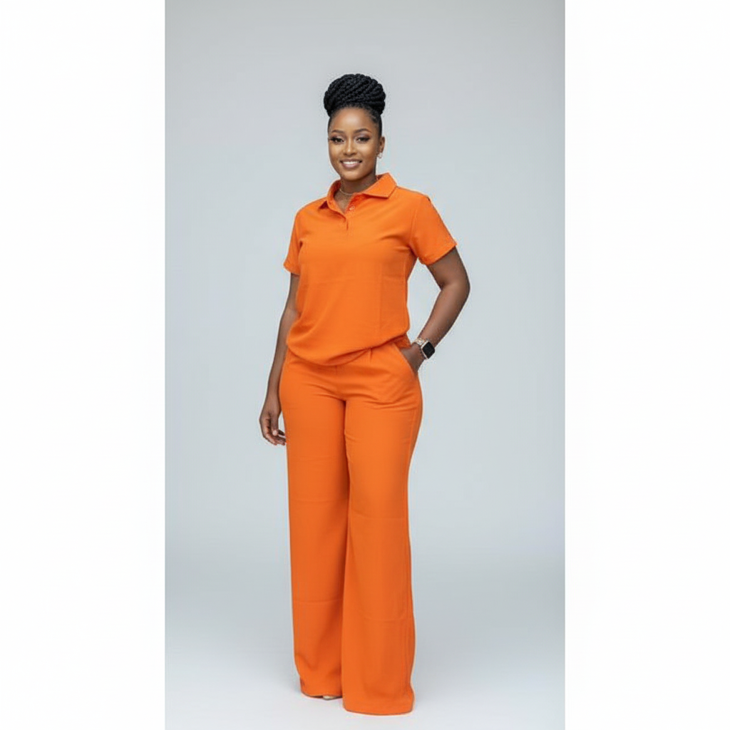 Women's Plain Short Sleeve Down-Collar Top & Wide Pants Set.