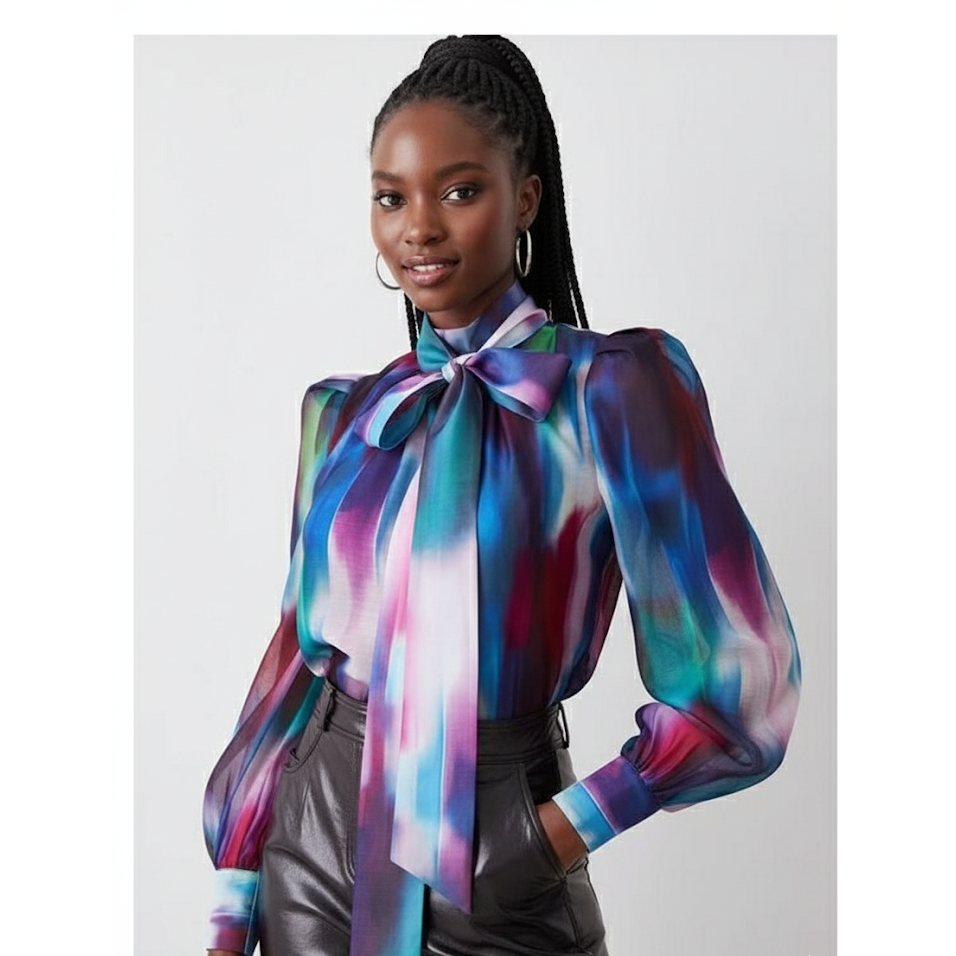 Slim fit long sleeve shirt with gradient bow.