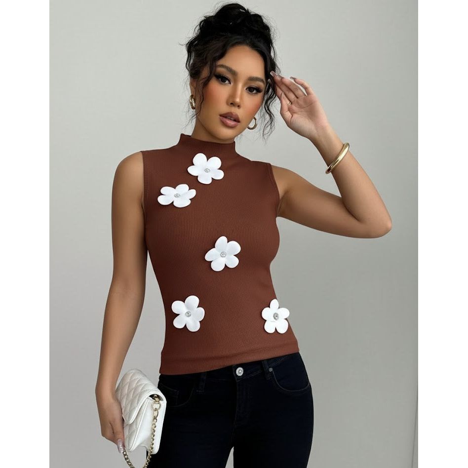 Elegant Floral Embellished Sleeveless Slim Fit Style Top