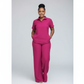 Women's Plain Short Sleeve Down-Collar Top & Wide Pants Set.