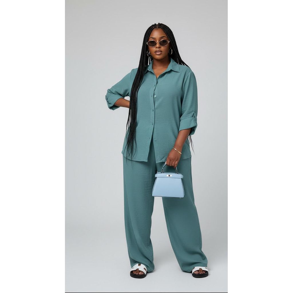 Relaxed Button-Up Shirt and Wide Leg Pants Set