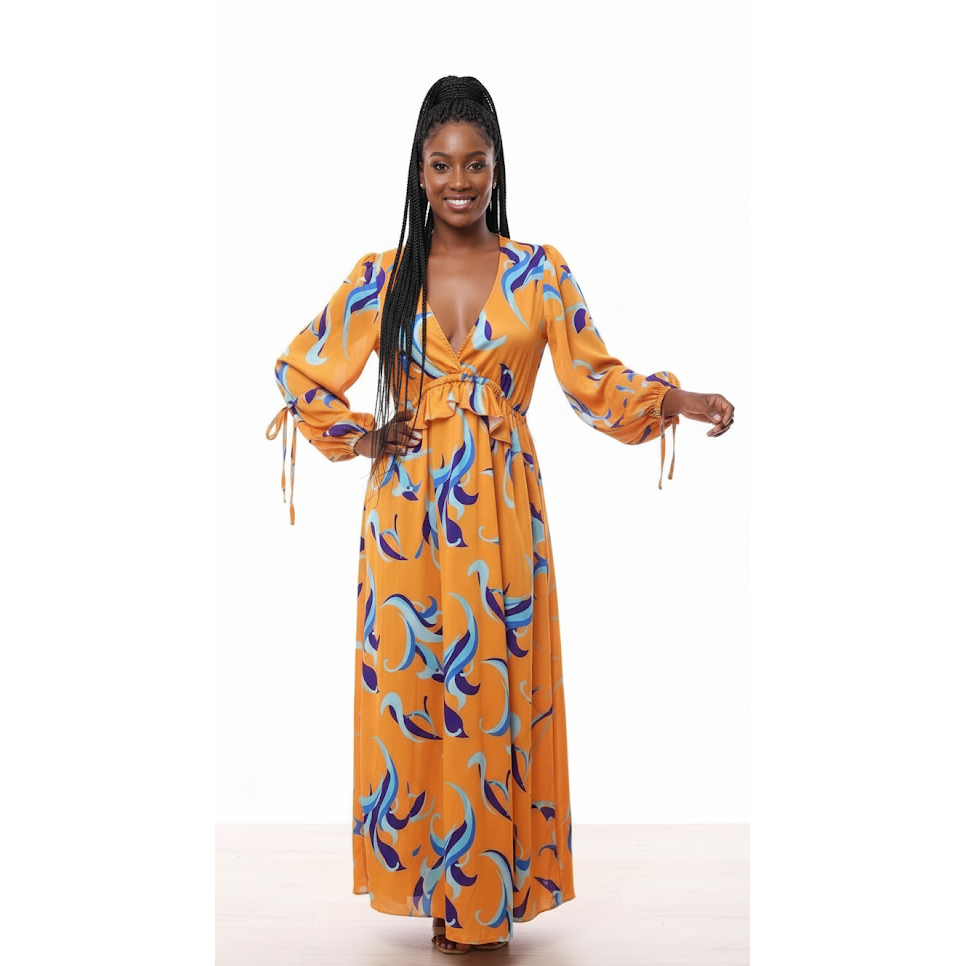 Retro Swirl Print Frill Midi Dress