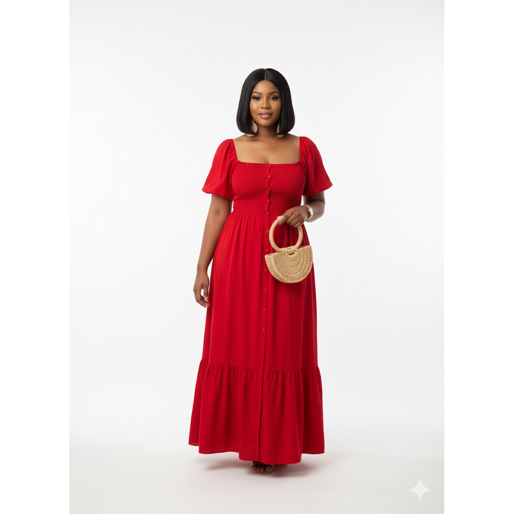 Woman wearing a red dress holding a straw bag on a white background