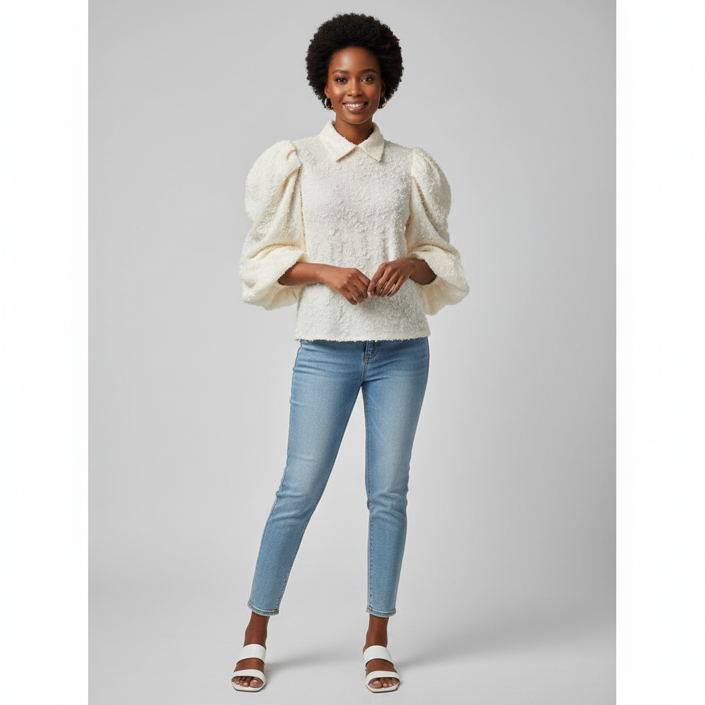 Plain Color Puff Sleeve Cropped Shirt