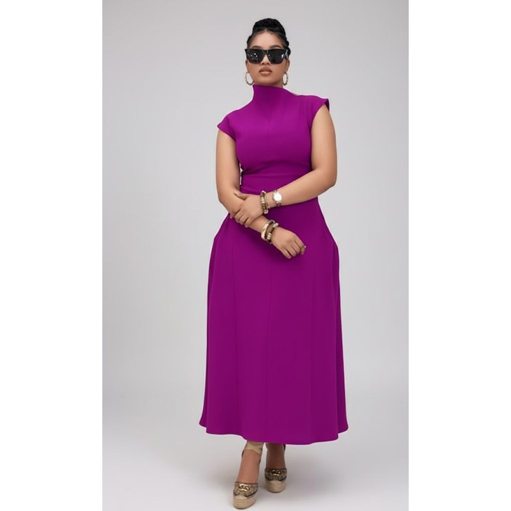 Chic Solid Color High Neck Style Maxi Dress