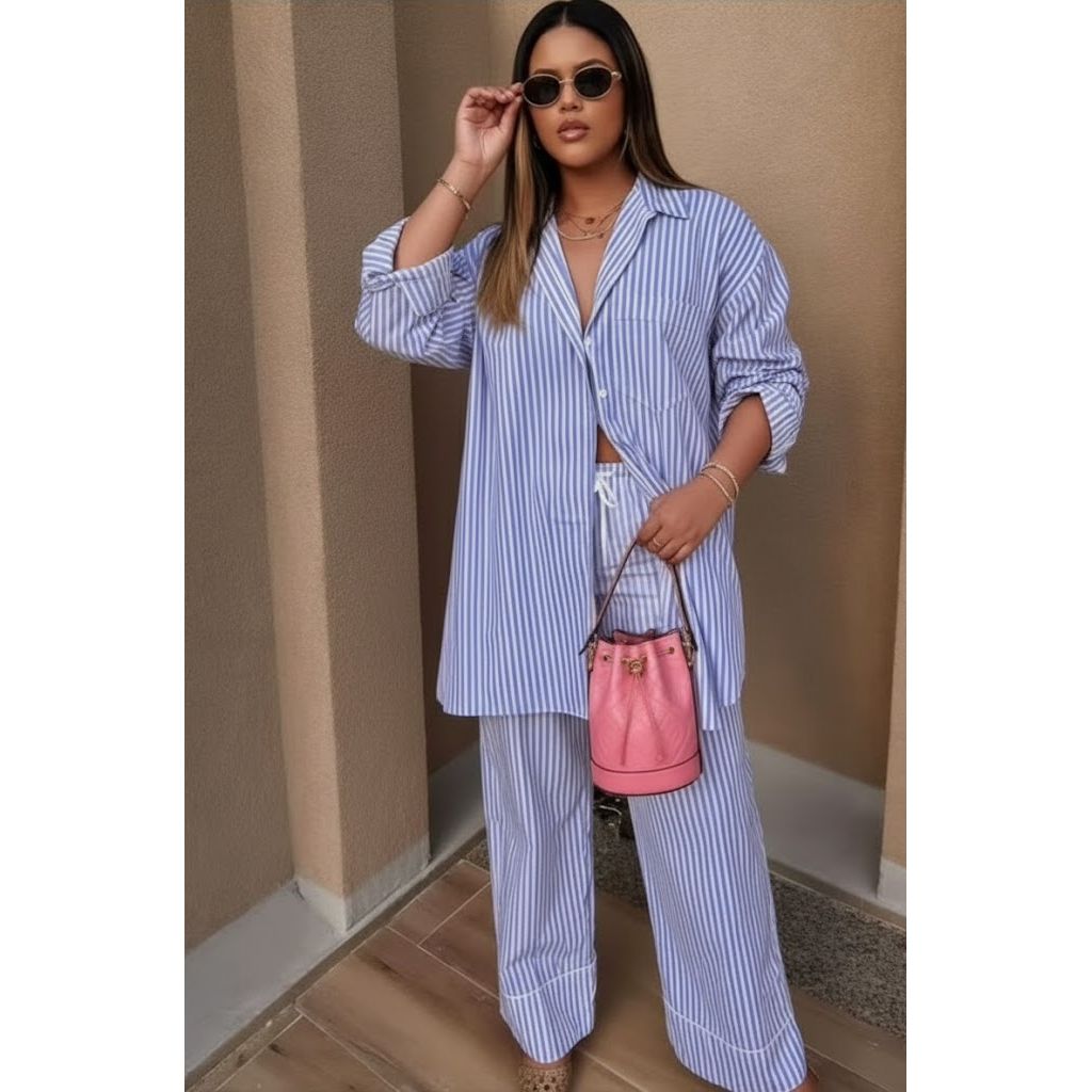 Striped Oversized Shirt & Pants Casual Lounge Set