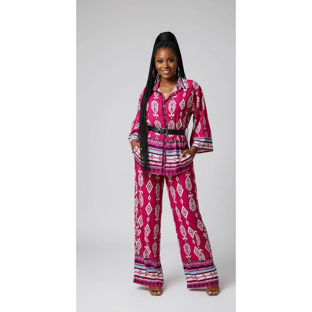 Pull On Border Hem Wide Leg Pants & Top Set