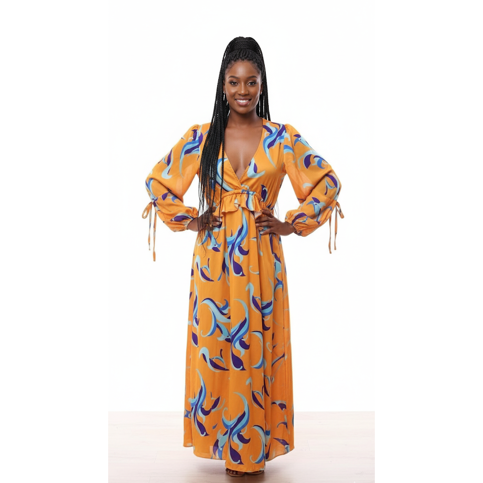 Retro Swirl Print Frill Midi Dress