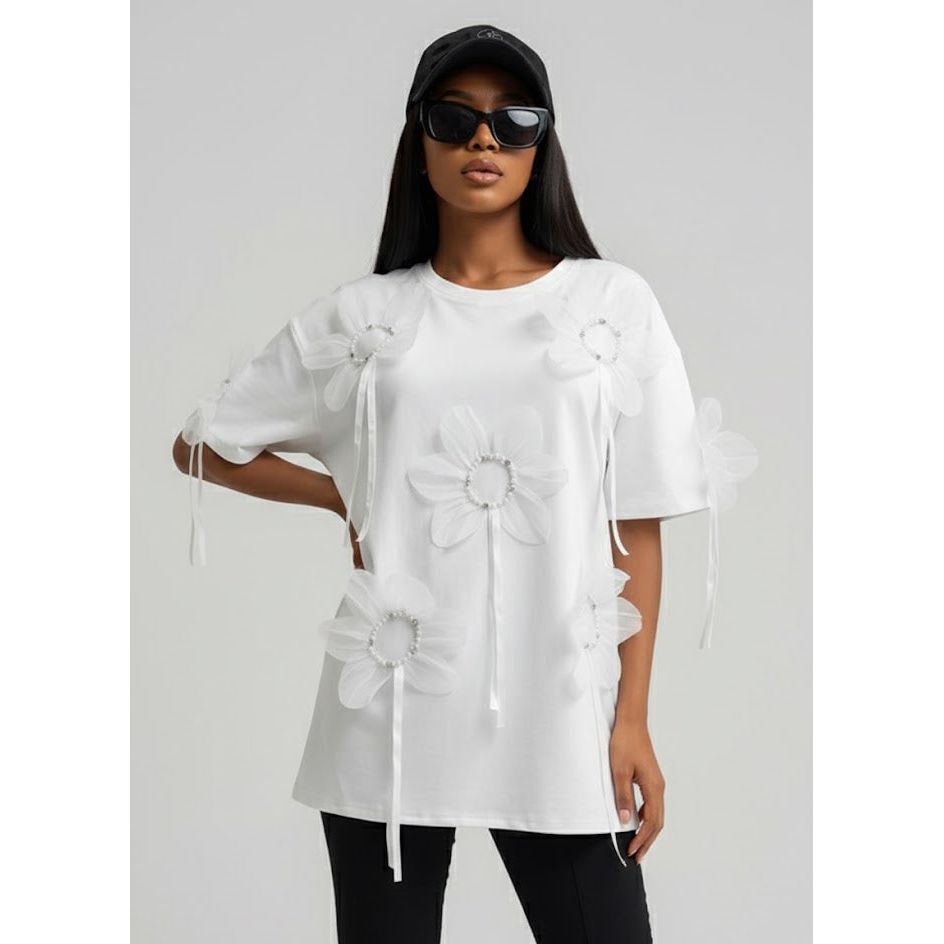 Chic Oversized Top with 3D Flower Details