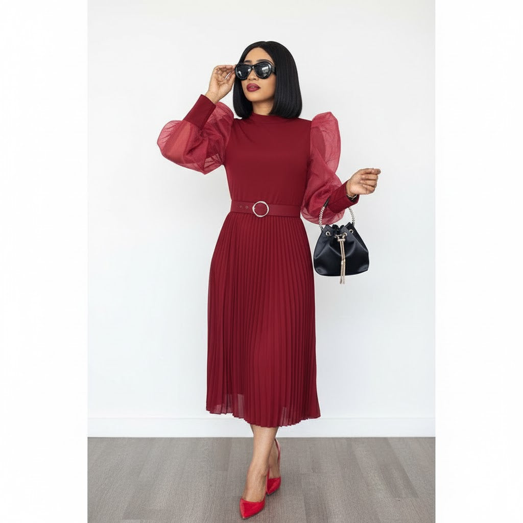 Long Mesh Sleeve Pleated Dress