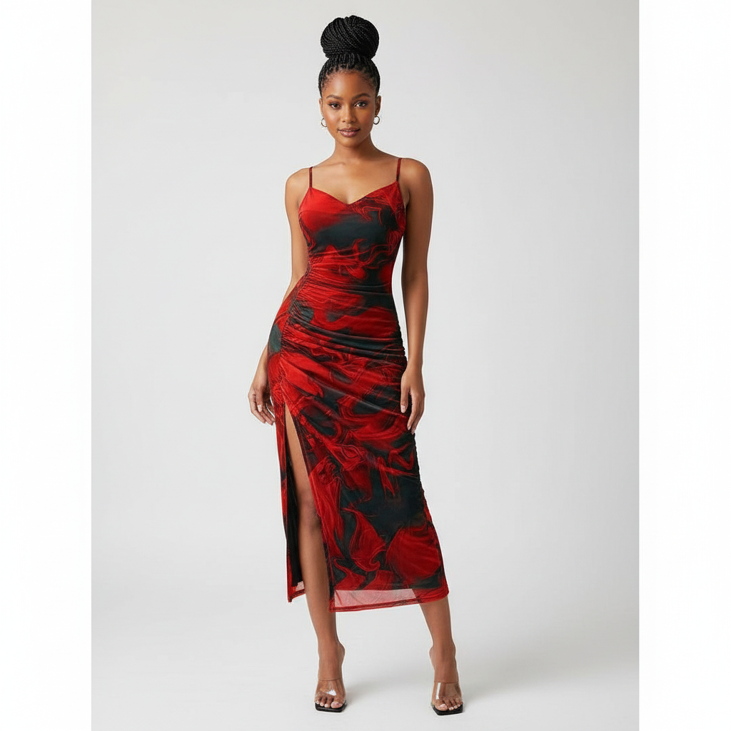 Tie-Dye Draped Neck Side Split Cami Dress