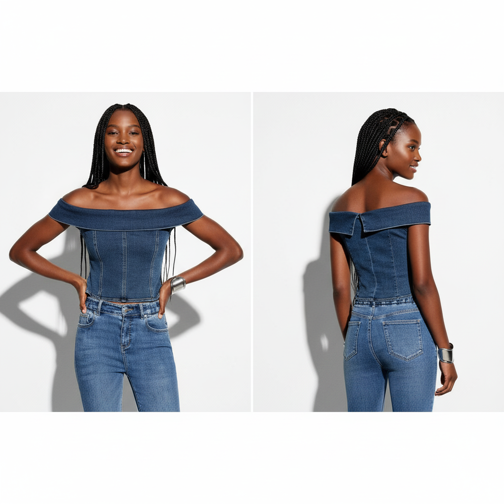 Denim Off-Shoulder Bustier Top.