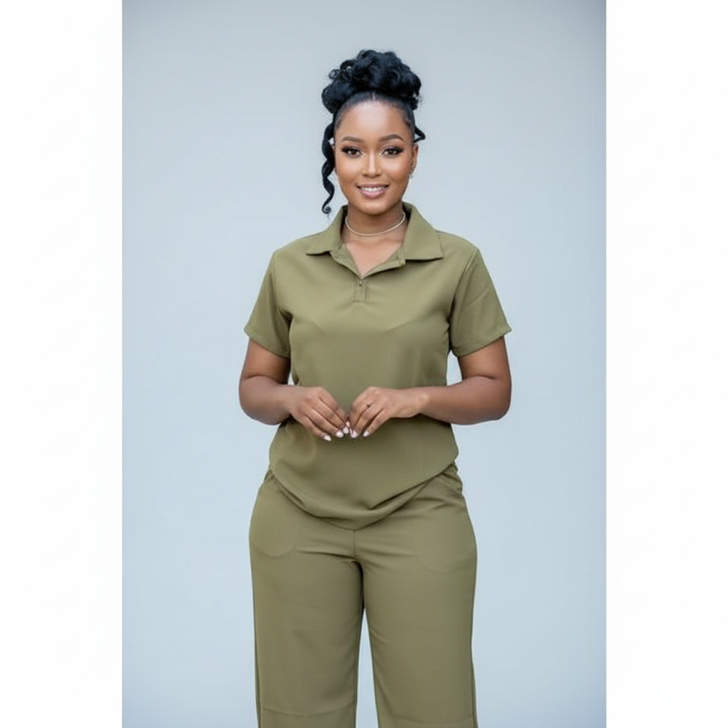 Women's Plain Short Sleeve Down-Collar Top & Wide Pants Set.