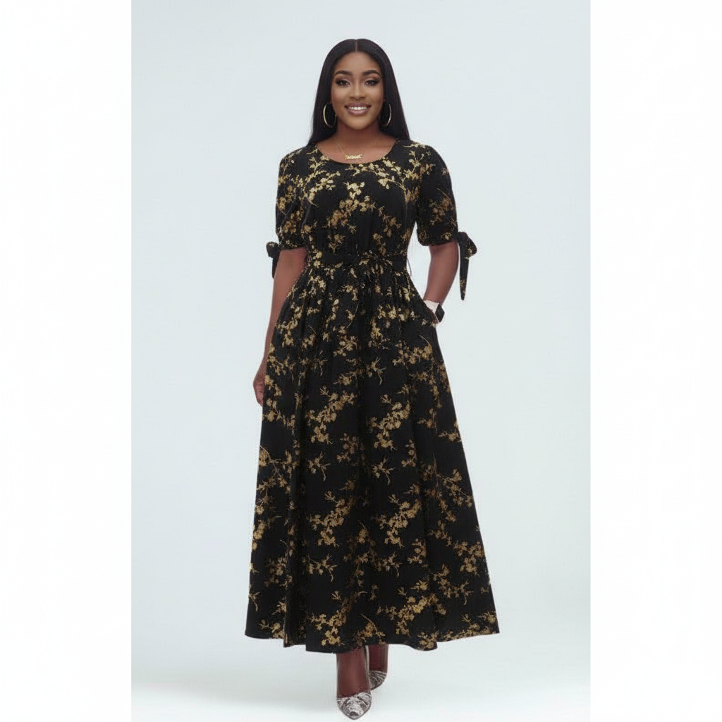 Round-Neck Long Sleeve Floral A-line Maxi Dress