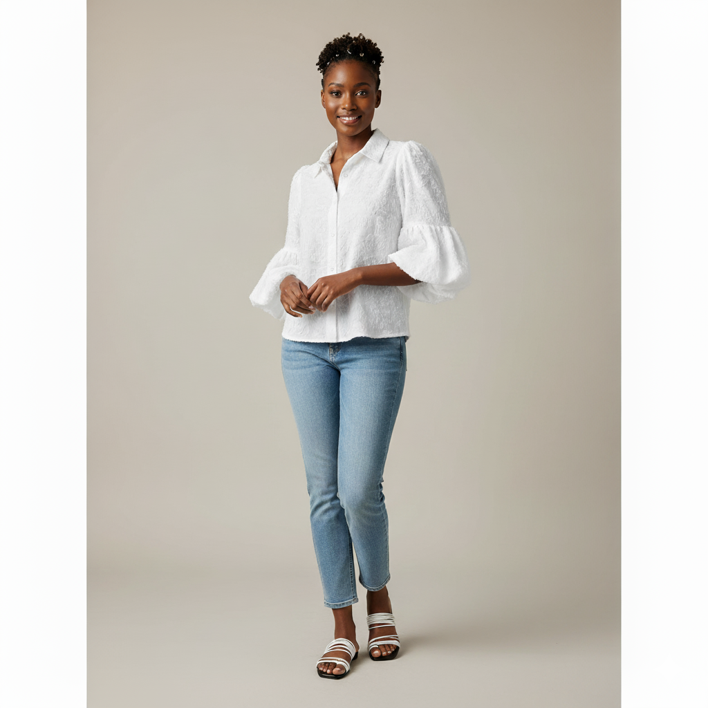 Plain Color Puff Sleeve Cropped Shirt