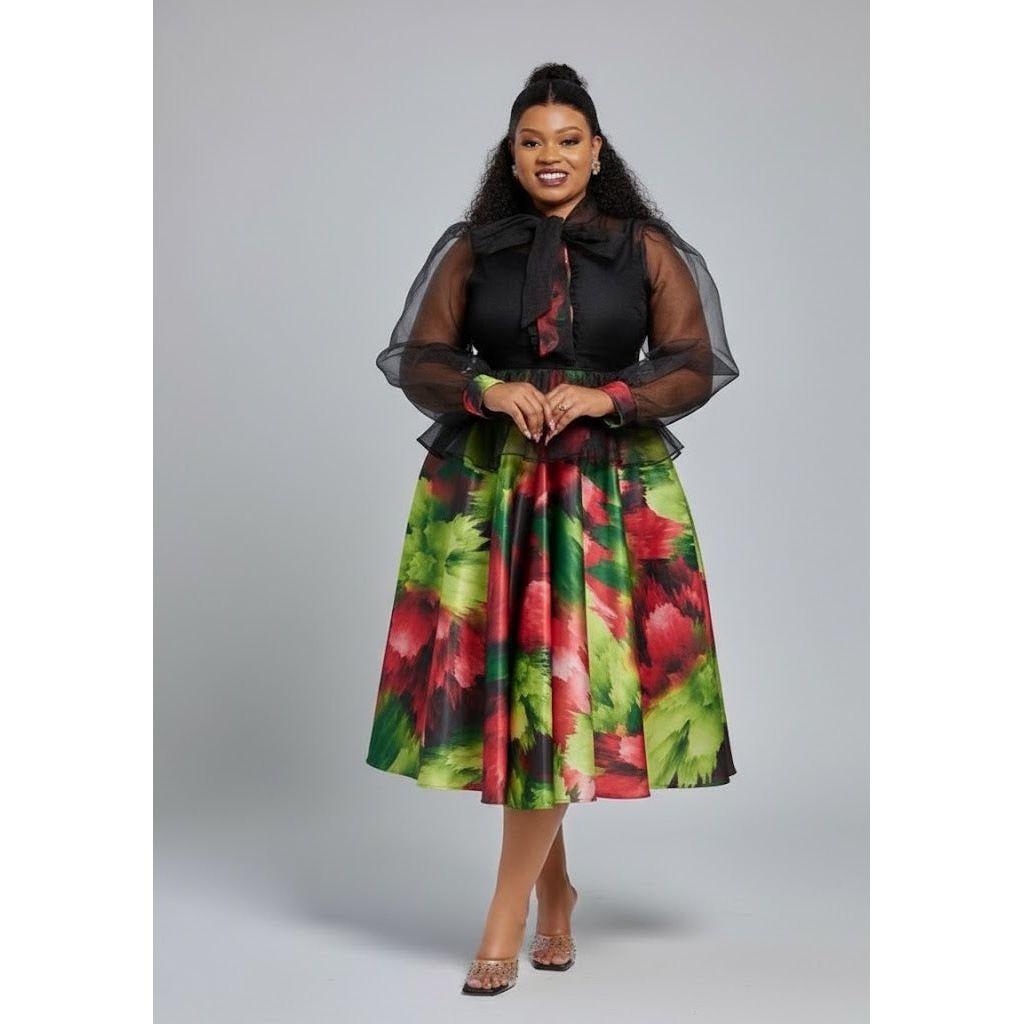 Elegant Plus Size Floral Midi Dress with Sheer Puff Sleeves