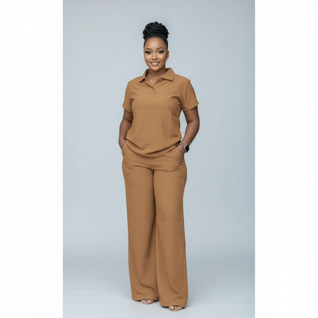 Women's Plain Short Sleeve Down-Collar Top & Wide Pants Set.