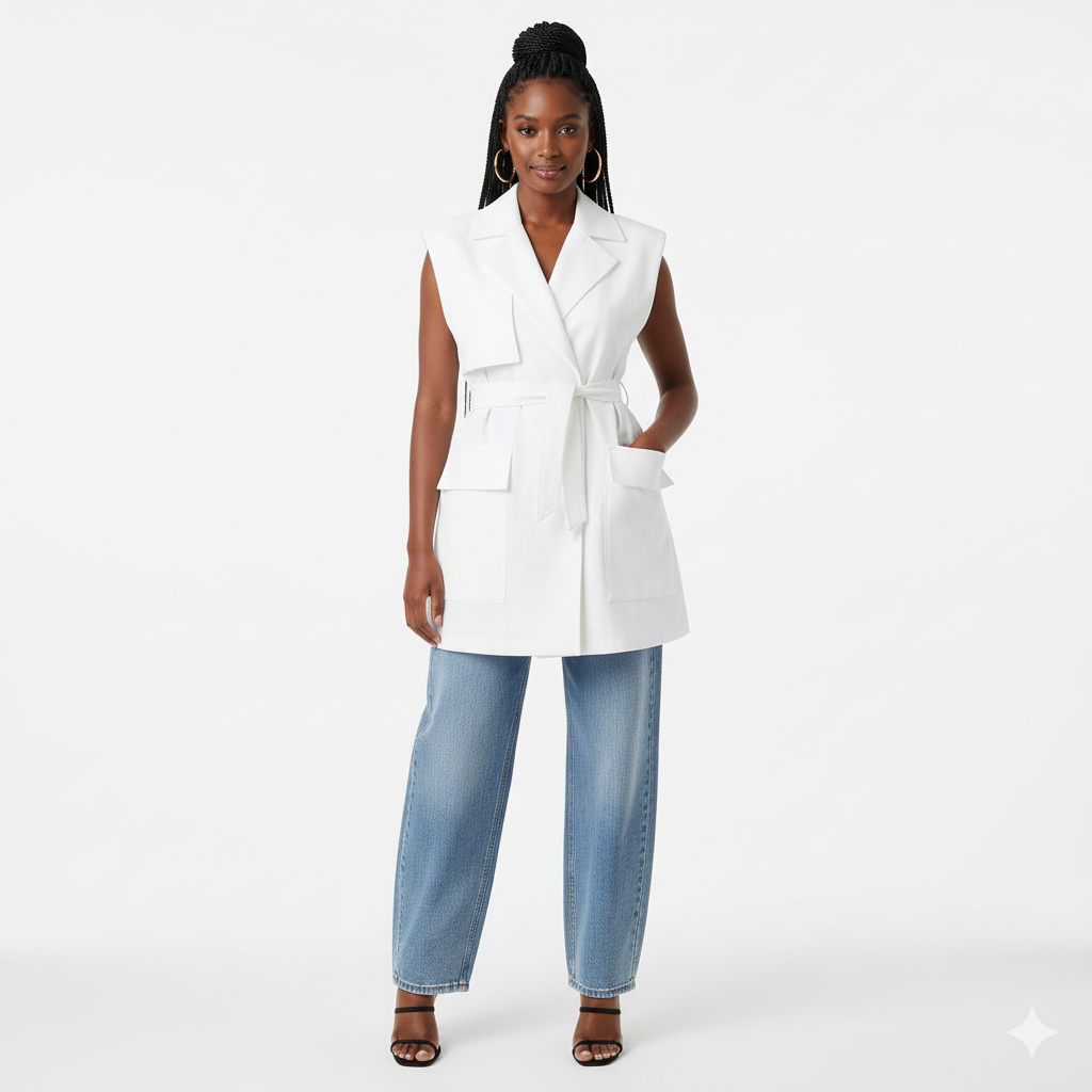 Plus Size Women's Casual Fashionable V-Neck Multi Pocket Waist Elastic Waistband Style Vest Coat