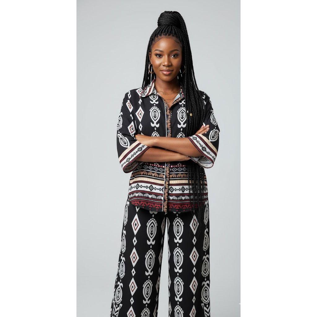 Pull On Border Hem Wide Leg Pants & Top Set