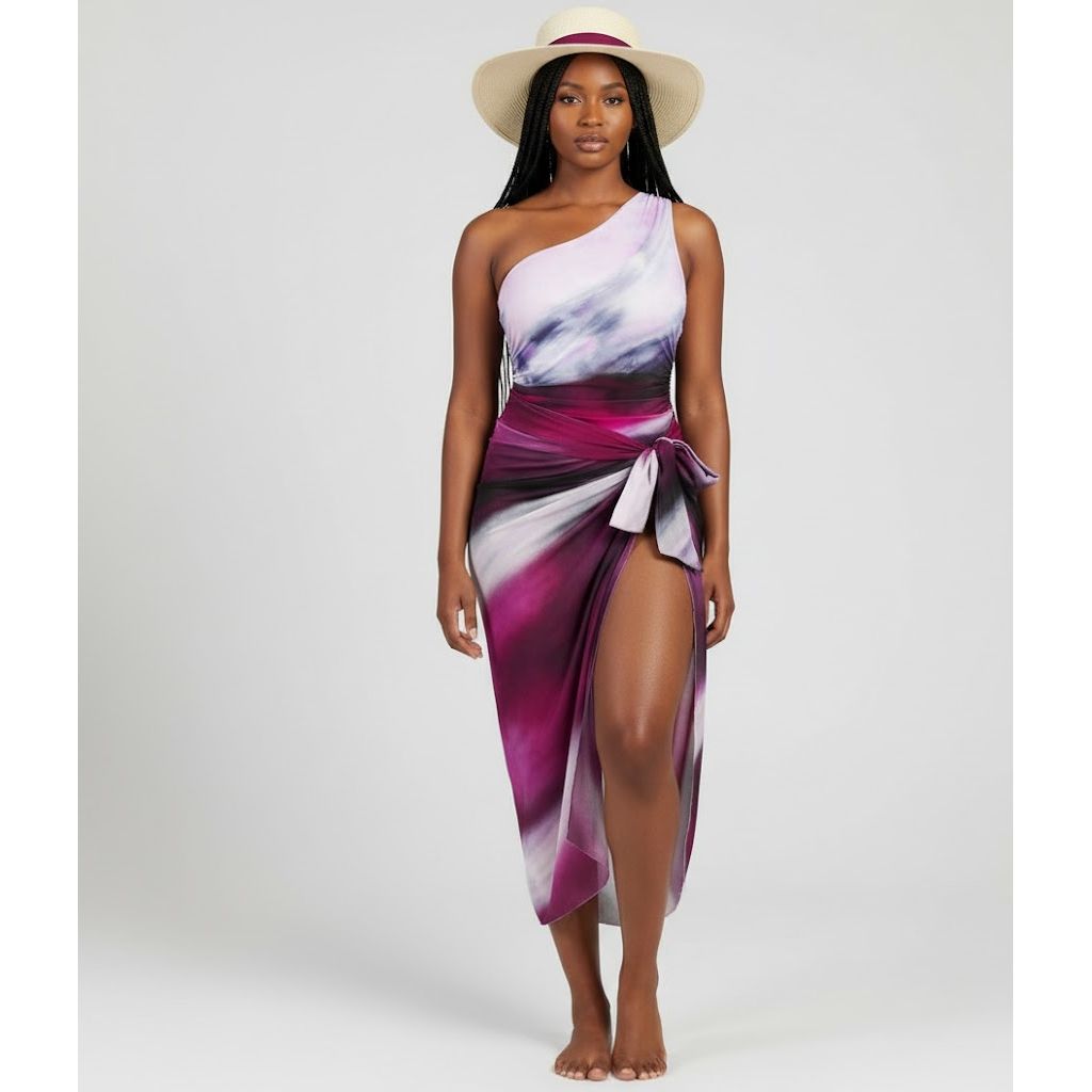 One Shoulder Swimsuit with Matching Sarong Cover-Up Set