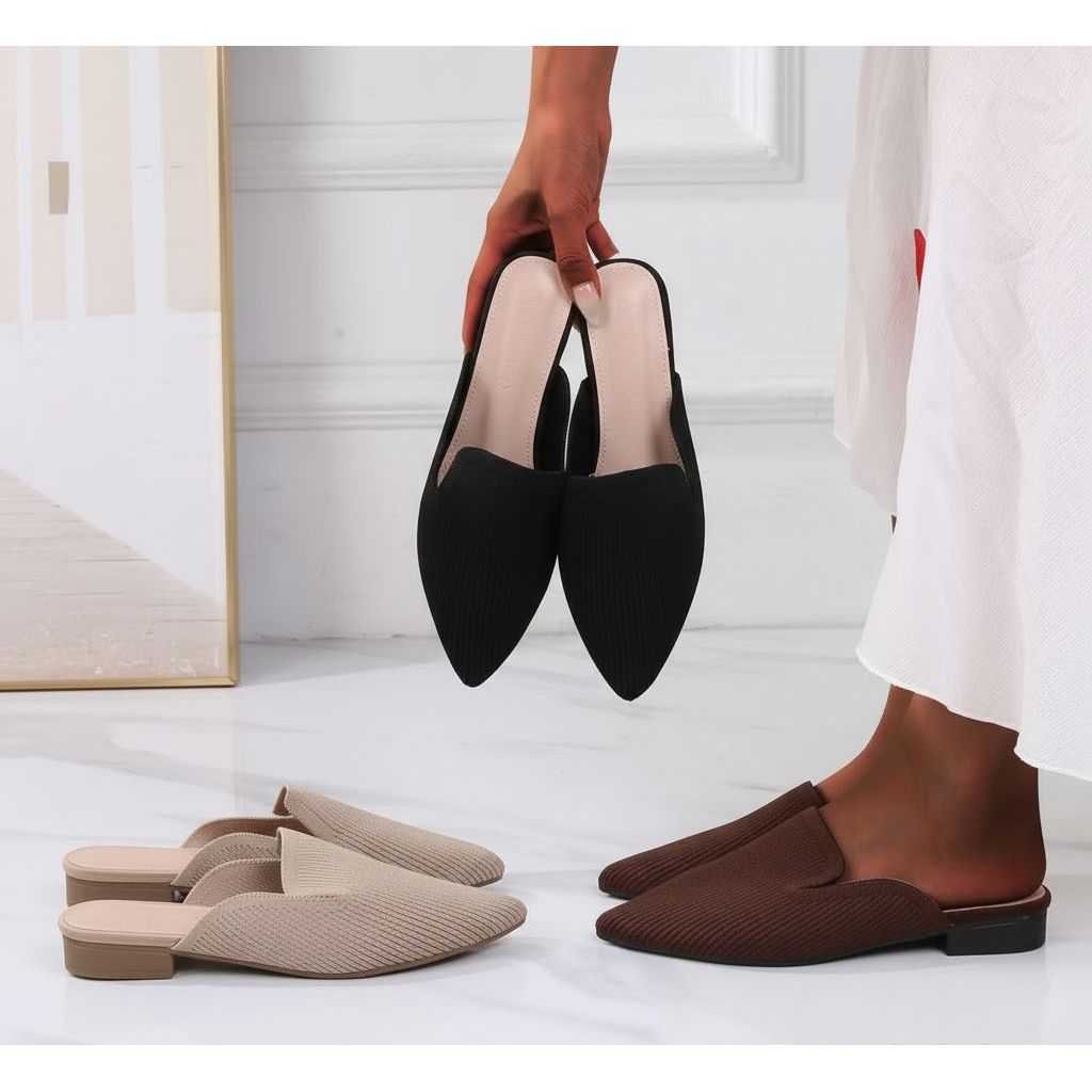 Women Point Toe Mule Flats, Elegant Black Fabric Flat Shoes