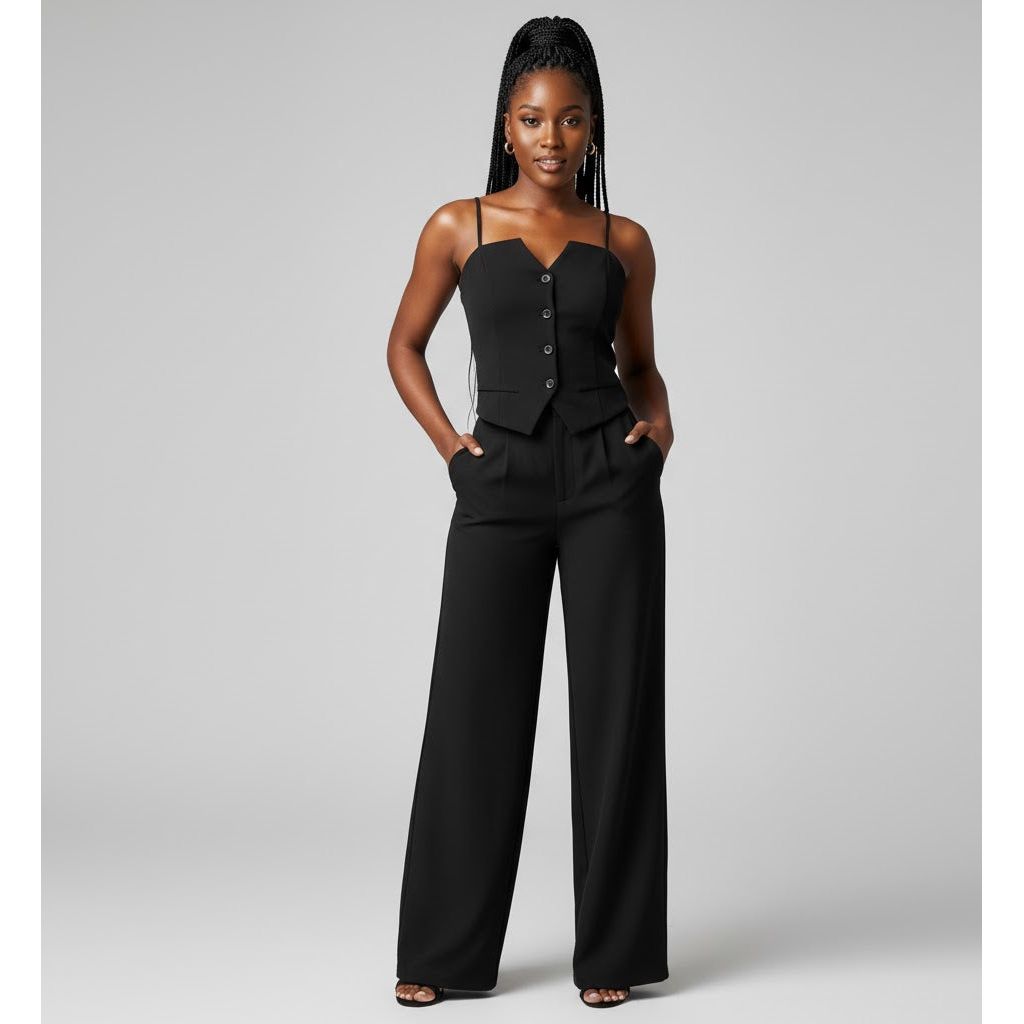 Woman wearing a black jumpsuit against a gray background