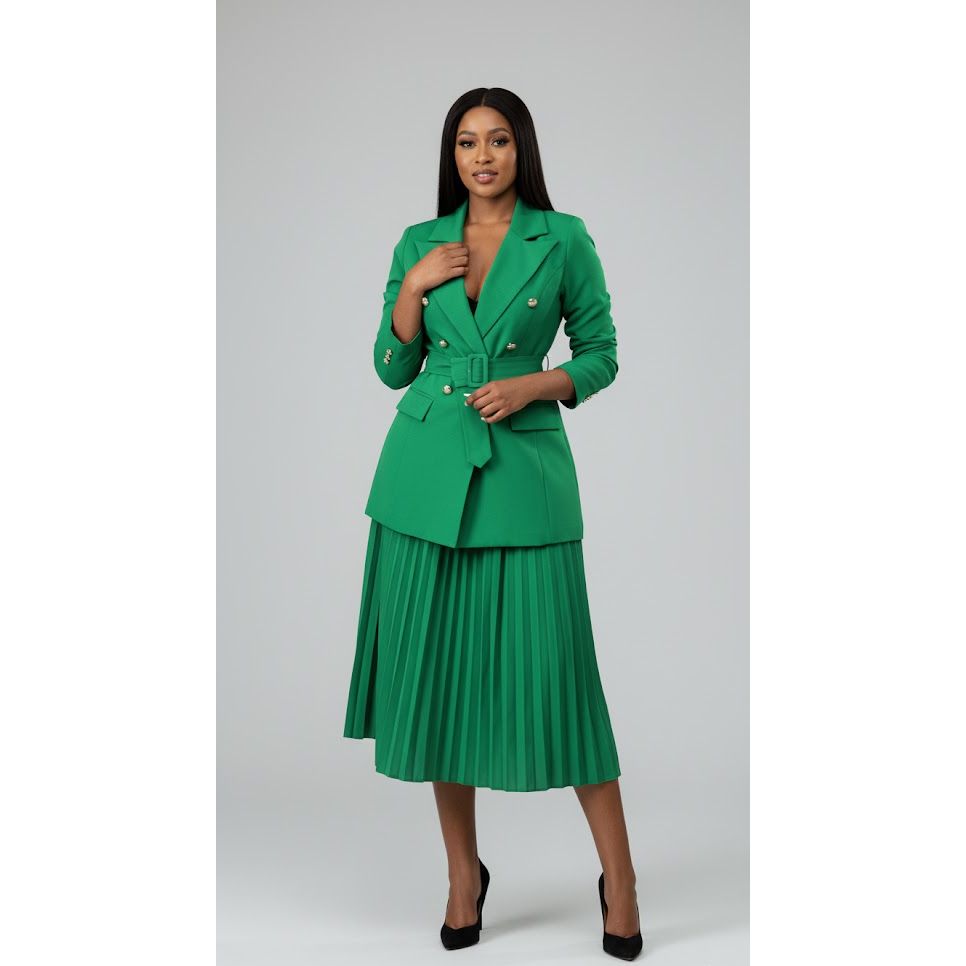 Plus Lapel Neck Blazer & Pleated Skirt 2 Piece Set
