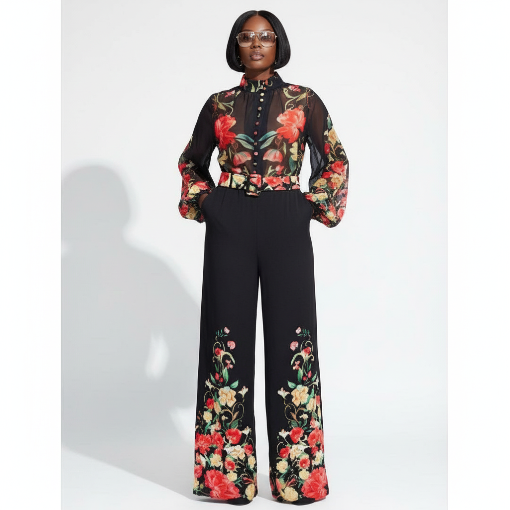Florals Garden Border Long Sleeves Shirt & Long Pants Set