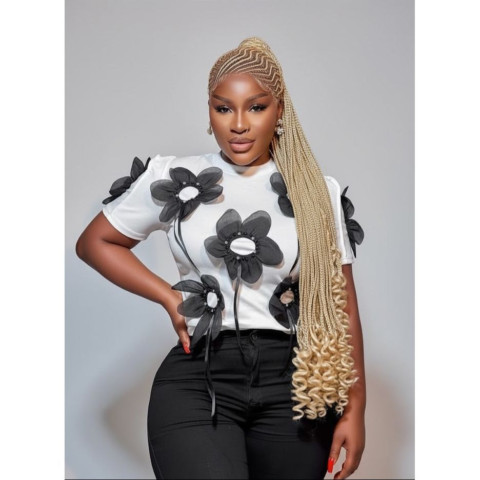 Chic Oversized Top with 3D Flower Details