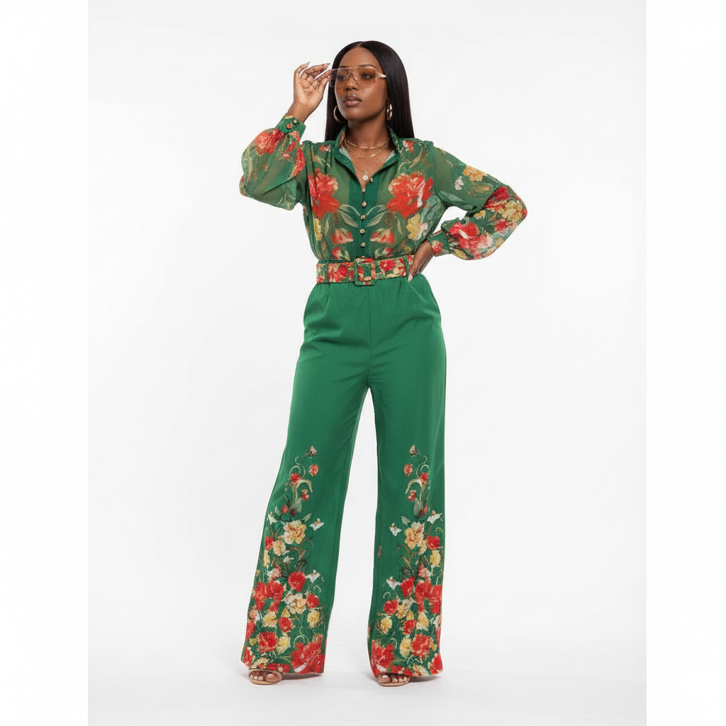 Florals Garden Border Long Sleeves Shirt & Long Pants Set