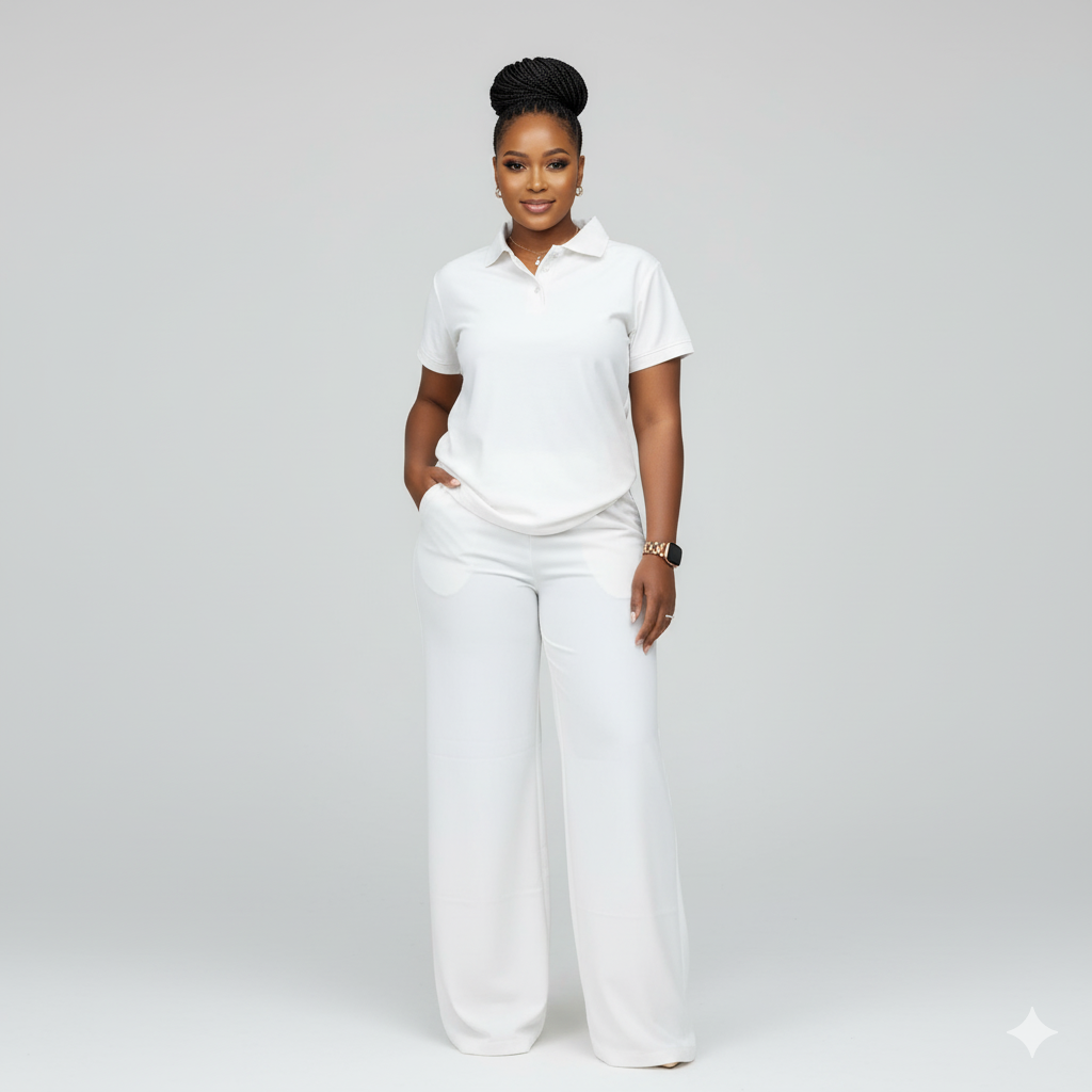 Women's Plain Short Sleeve Down-Collar Top & Wide Pants Set.