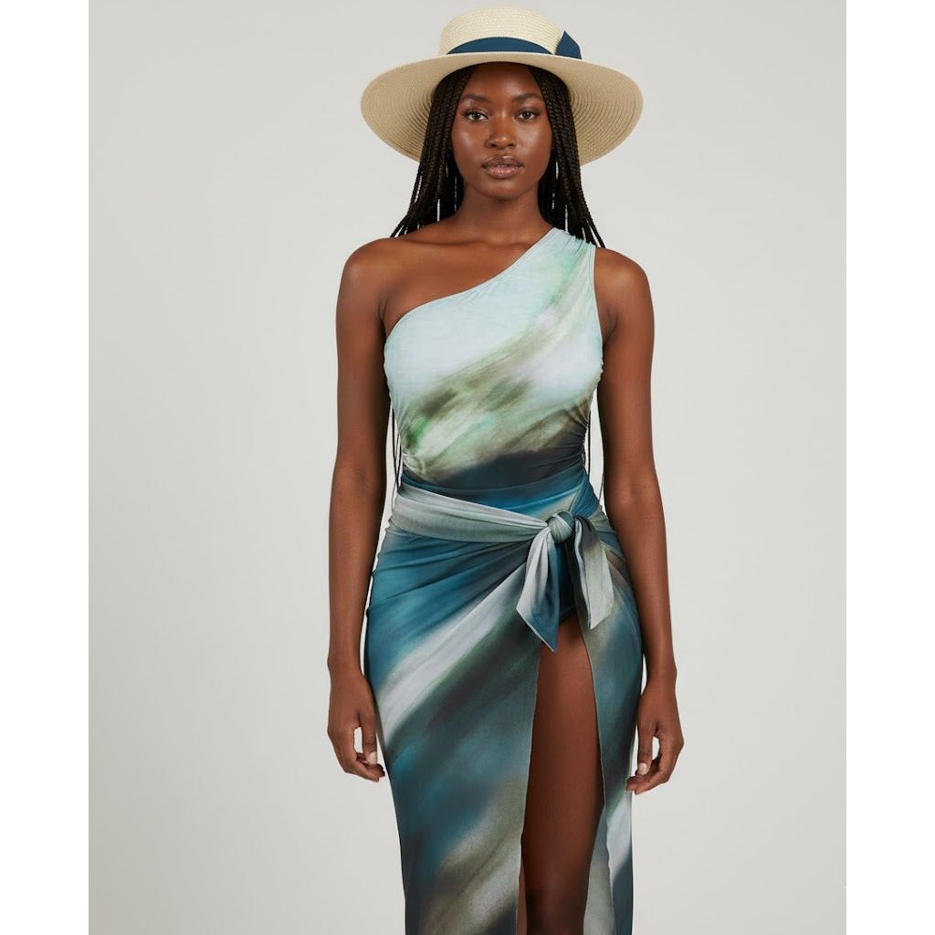 One Shoulder Swimsuit with Matching Sarong Cover-Up Set