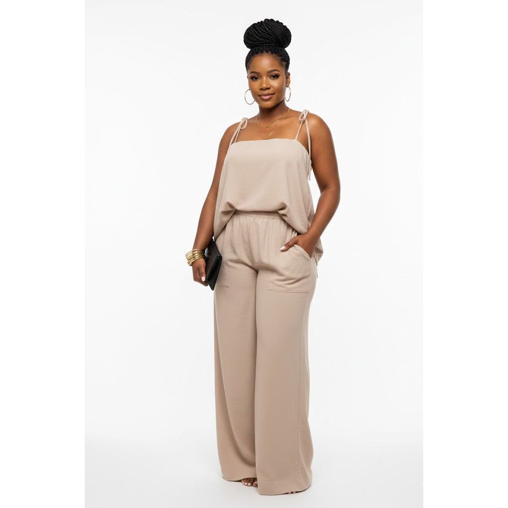 Sleeveless Side Button Slit Camisole Tops Wide Leg Pants Matching Set