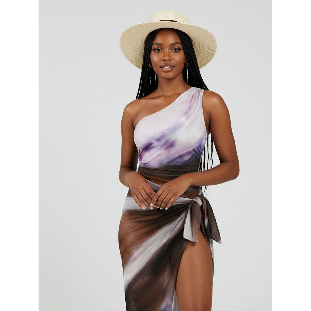 One Shoulder Swimsuit with Matching Sarong Cover-Up Set