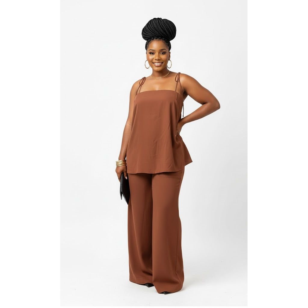 Sleeveless Side Button Slit Camisole Tops Wide Leg Pants Matching Set