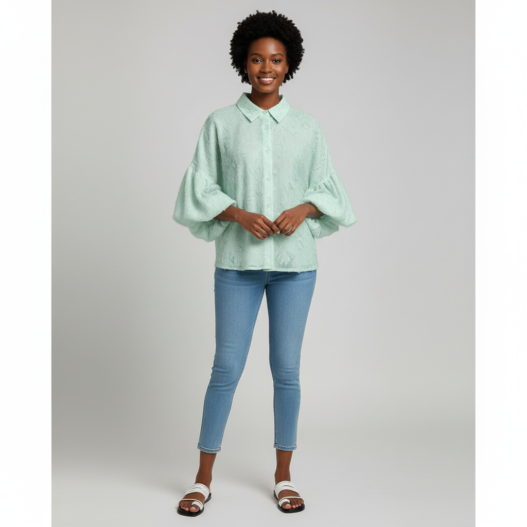 Plain Color Puff Sleeve Cropped Shirt