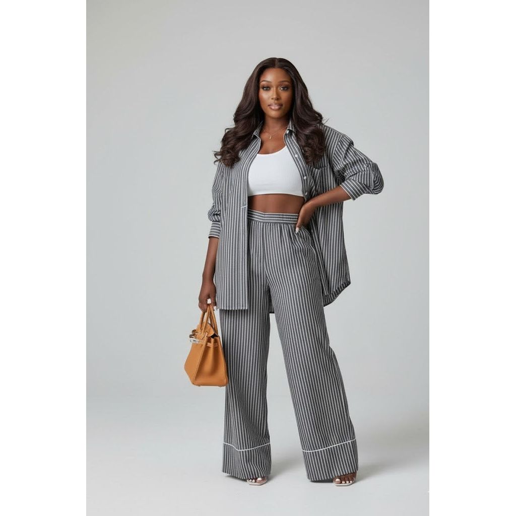 Striped Oversized Shirt & Pants Casual Lounge Set