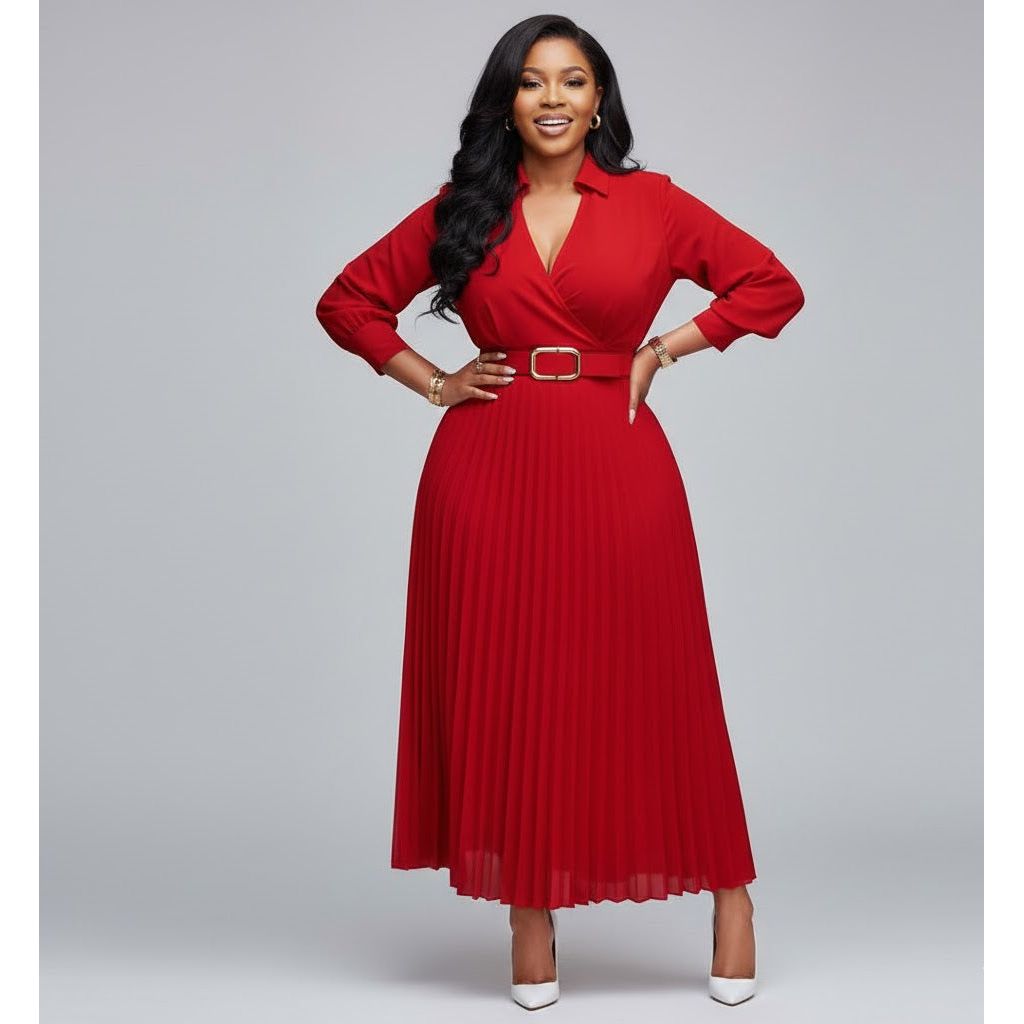 Elegant Lantern Sleeve Pleated Dress.