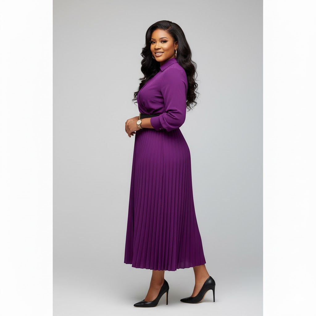 Elegant Lantern Sleeve Pleated Dress.