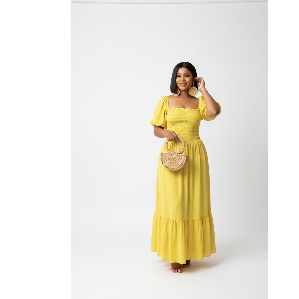 Square Neck Short Sleeve Flare Maxi Dress.