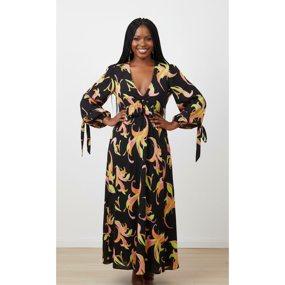 Retro Swirl Print Frill Midi Dress
