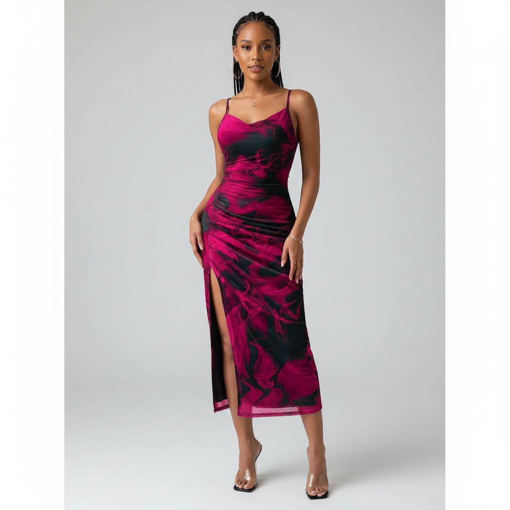 Tie-Dye Draped Neck Side Split Cami Dress