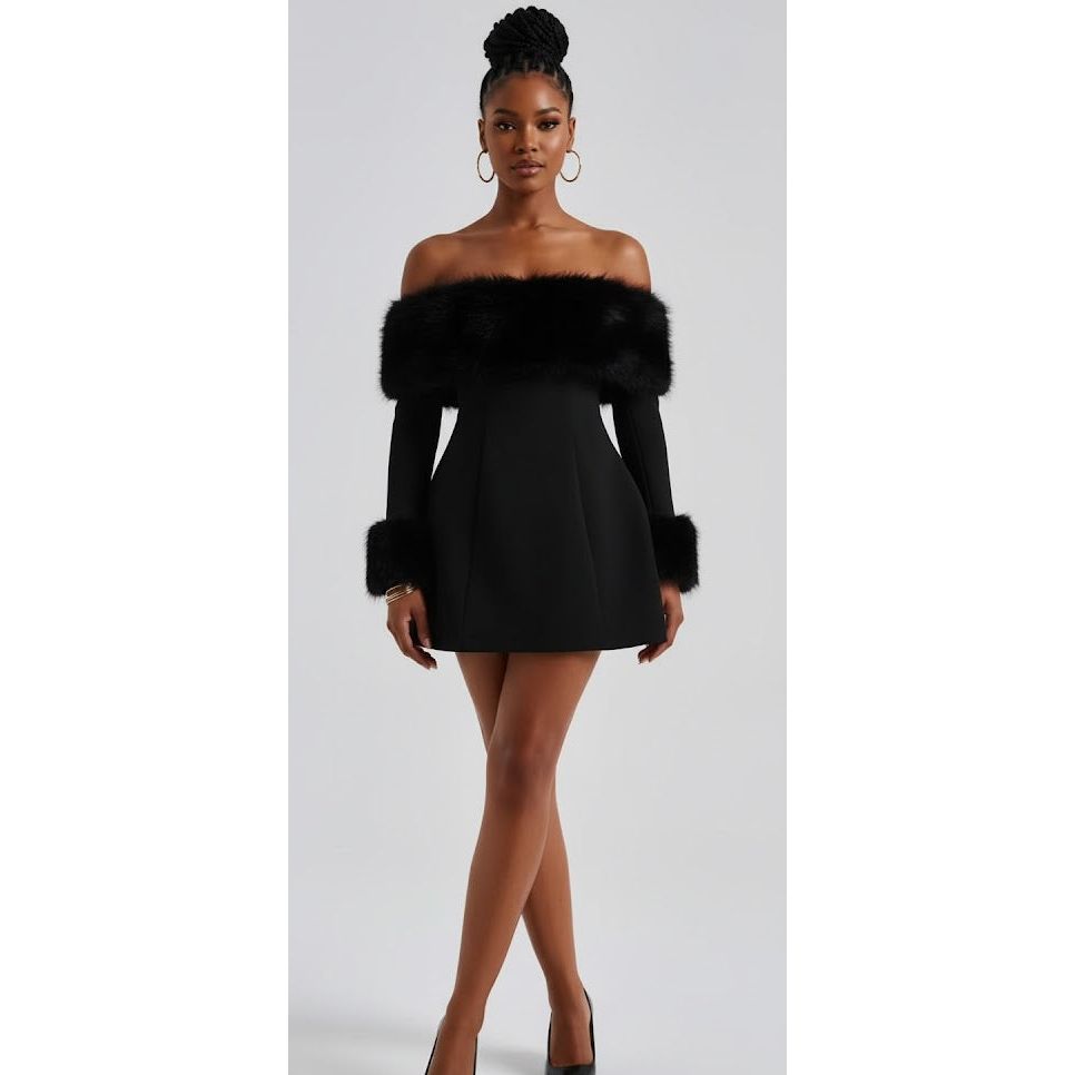 Fluffy Off Shoulder Mini Dress